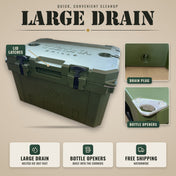 Tizona Survivor 52 large drain: drain plug, lid latches, corner bottle openers, free shipping nationwide