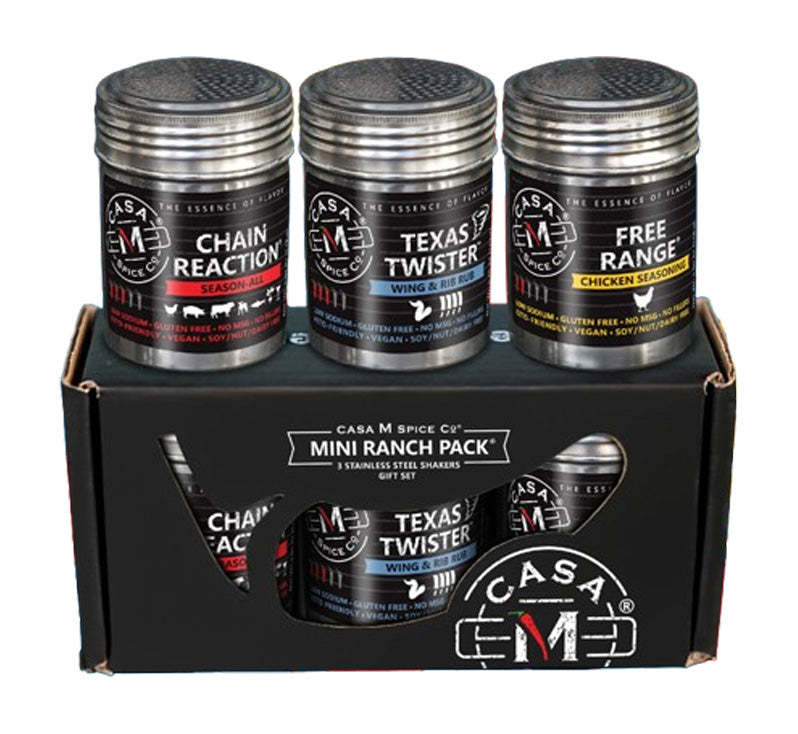 Casa M Spice Co Holiday Gifting Pack with three stainless steel spice shakers