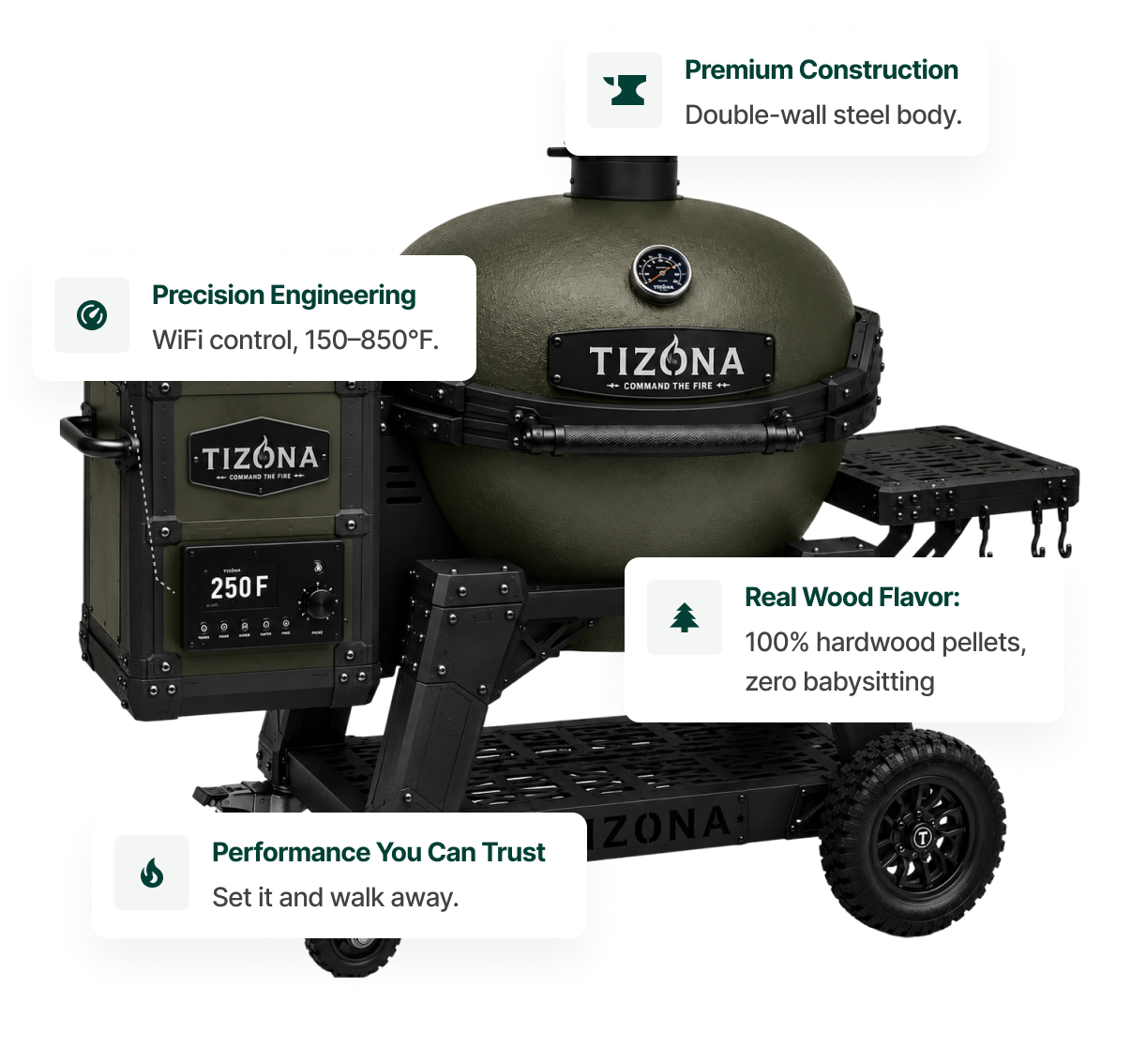 Tizona kamado charcoal grill on its cart stand with side shelves