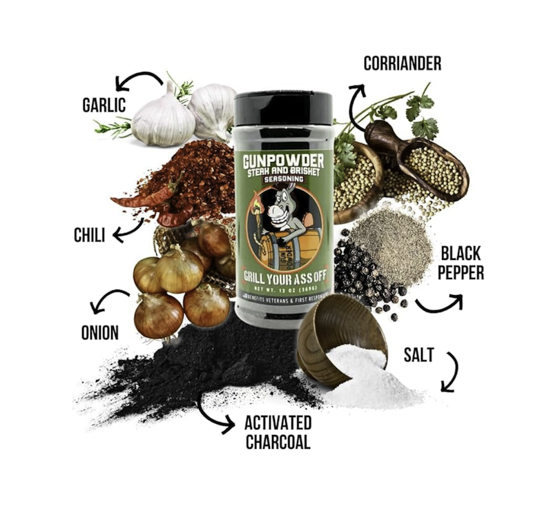 Gunpowder Steak and Brisket Seasoning bottle by Grill Your Ass Off