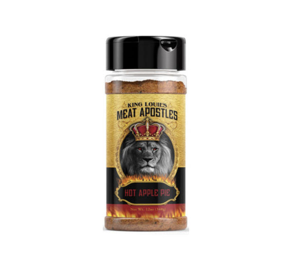 Hot Apple Pie seasoning bottle on wooden board with apples and spices.
