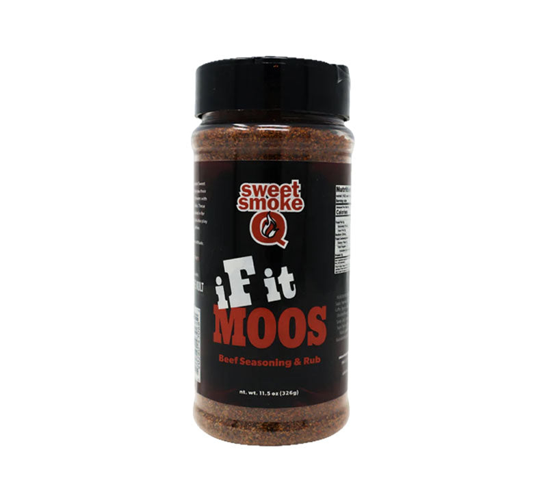 Bottle of Sweet Smoke Q iF It Moos Beef Seasoning and Rub with bold beef-themed label