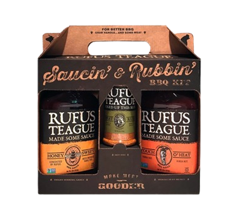 Rufus Teague BBQ gift tote with two barbecue sauces