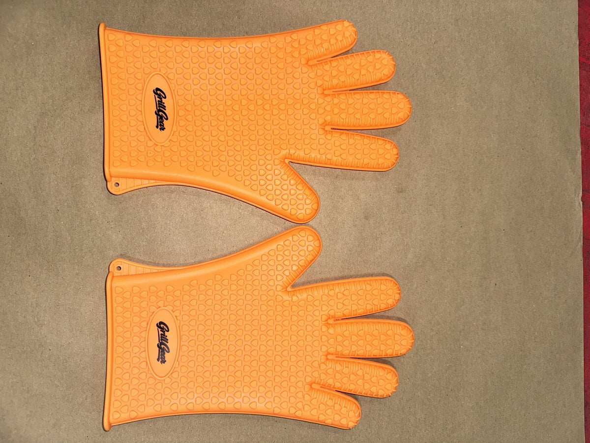 Orange heat-resistant silicone grill gloves, pair (real photo with tape measure)