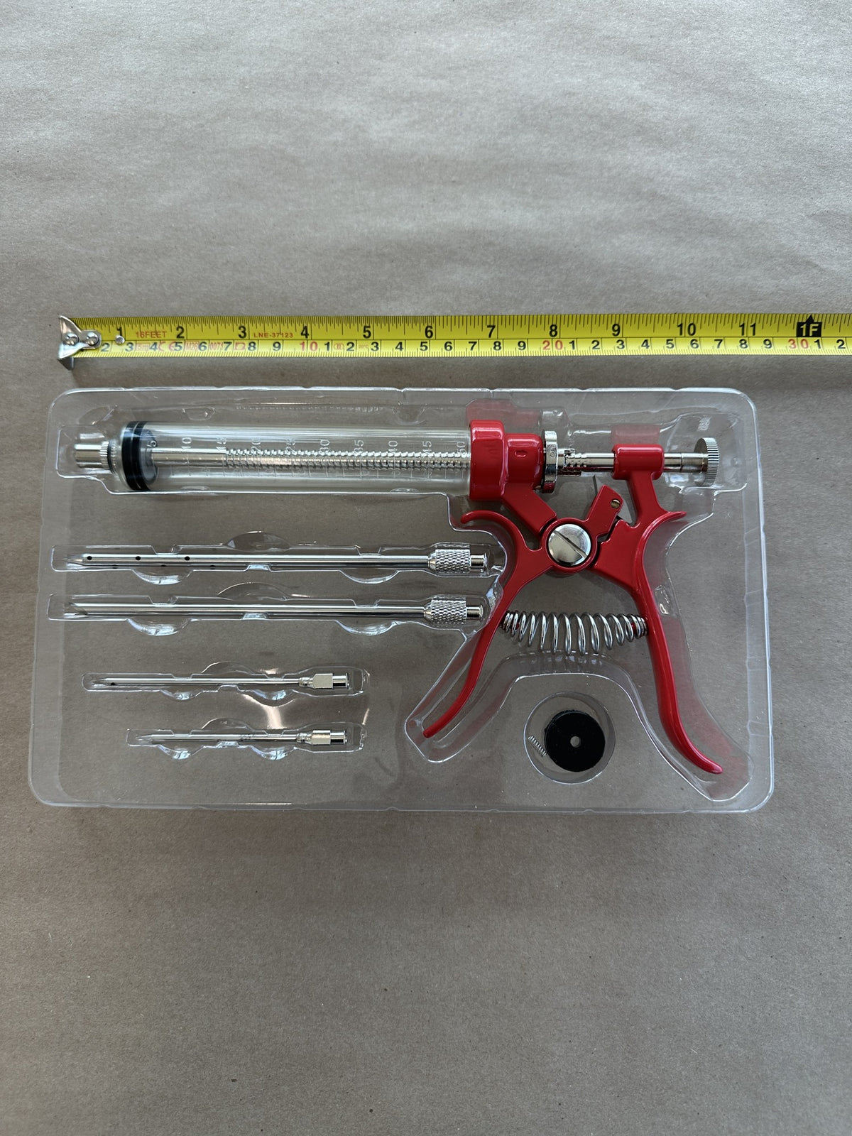 Meat injector gun kit with needles in case (real photo with tape measure)