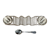 Stainless steel taco holder rack with two dip cups and spoon