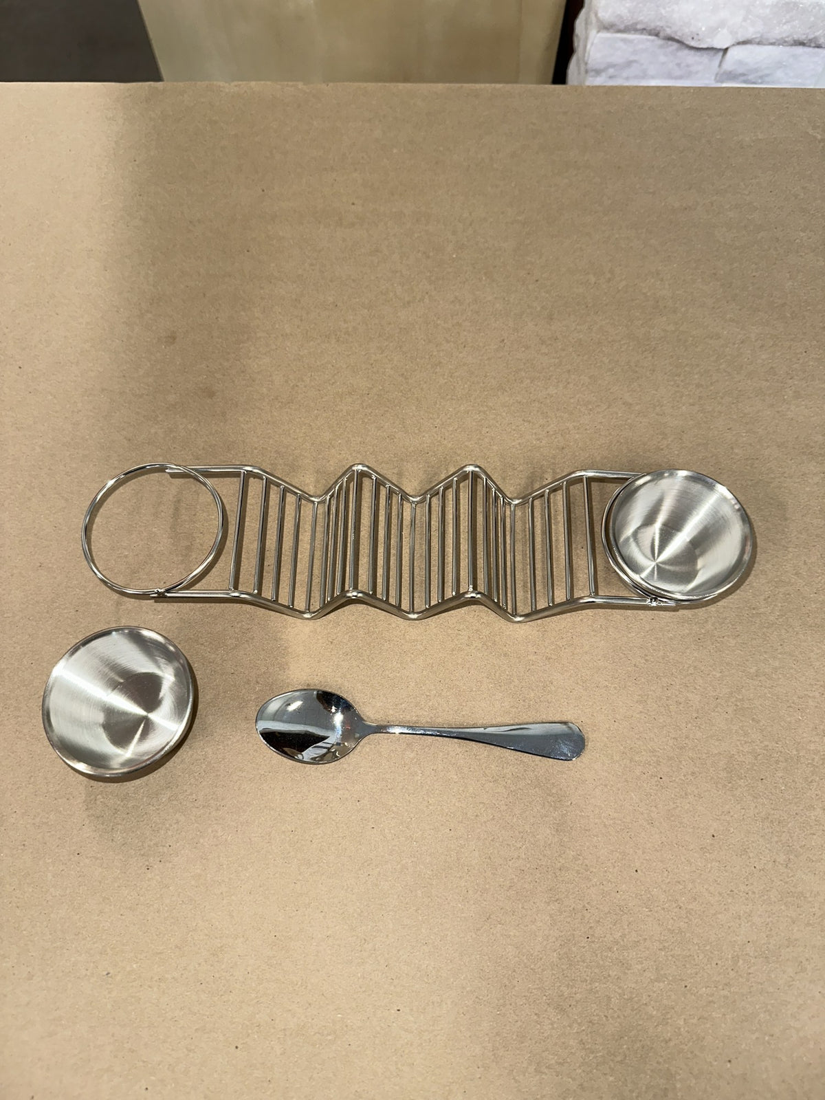 Stainless steel taco holder rack with two dip cups and spoon (real photo with tape measure)