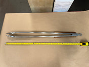 32 inch stainless steel campfire tongs with wood handle next to a tape measure