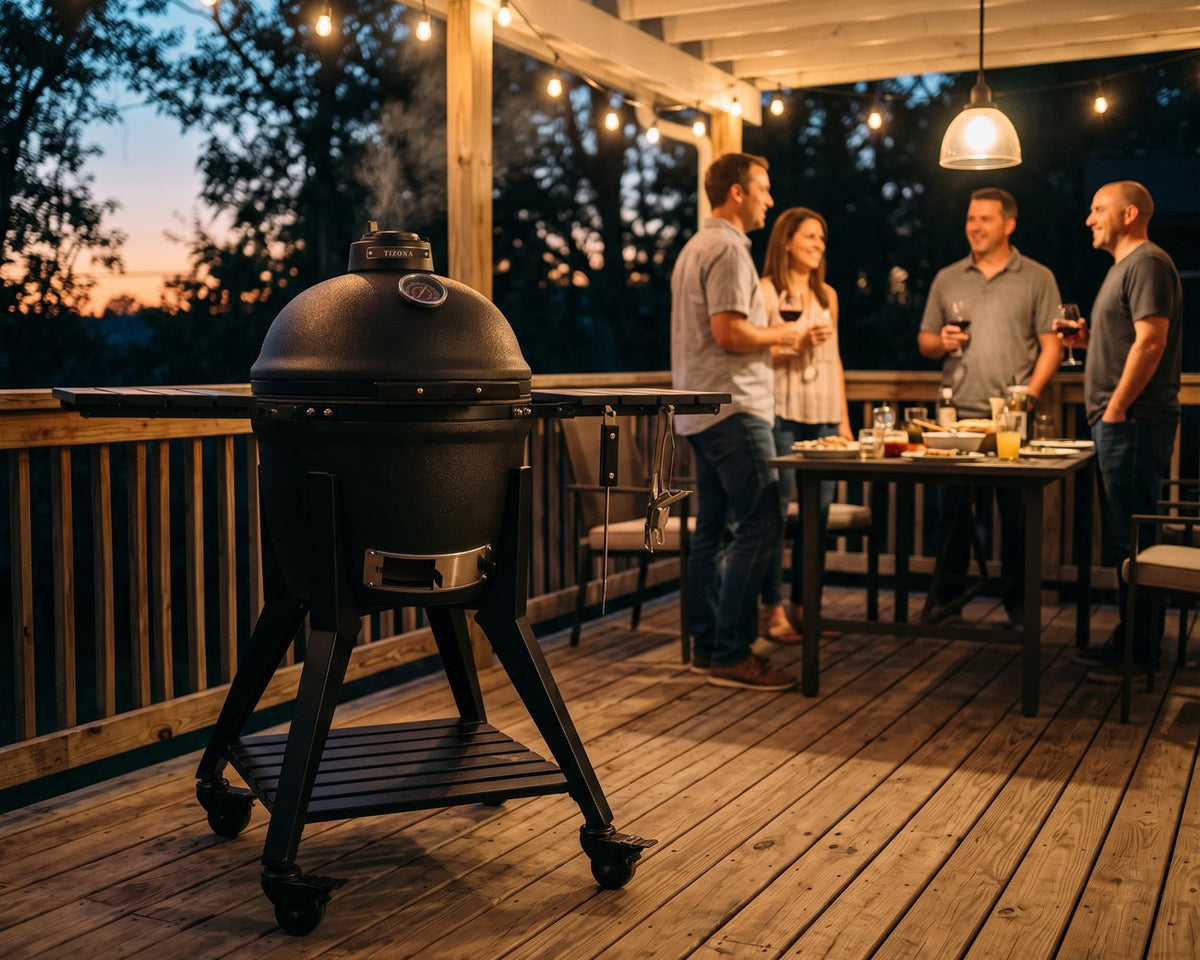 A Tizona kamado grill glowing at dusk on a wooden patio while friends gather around a table strung with lights