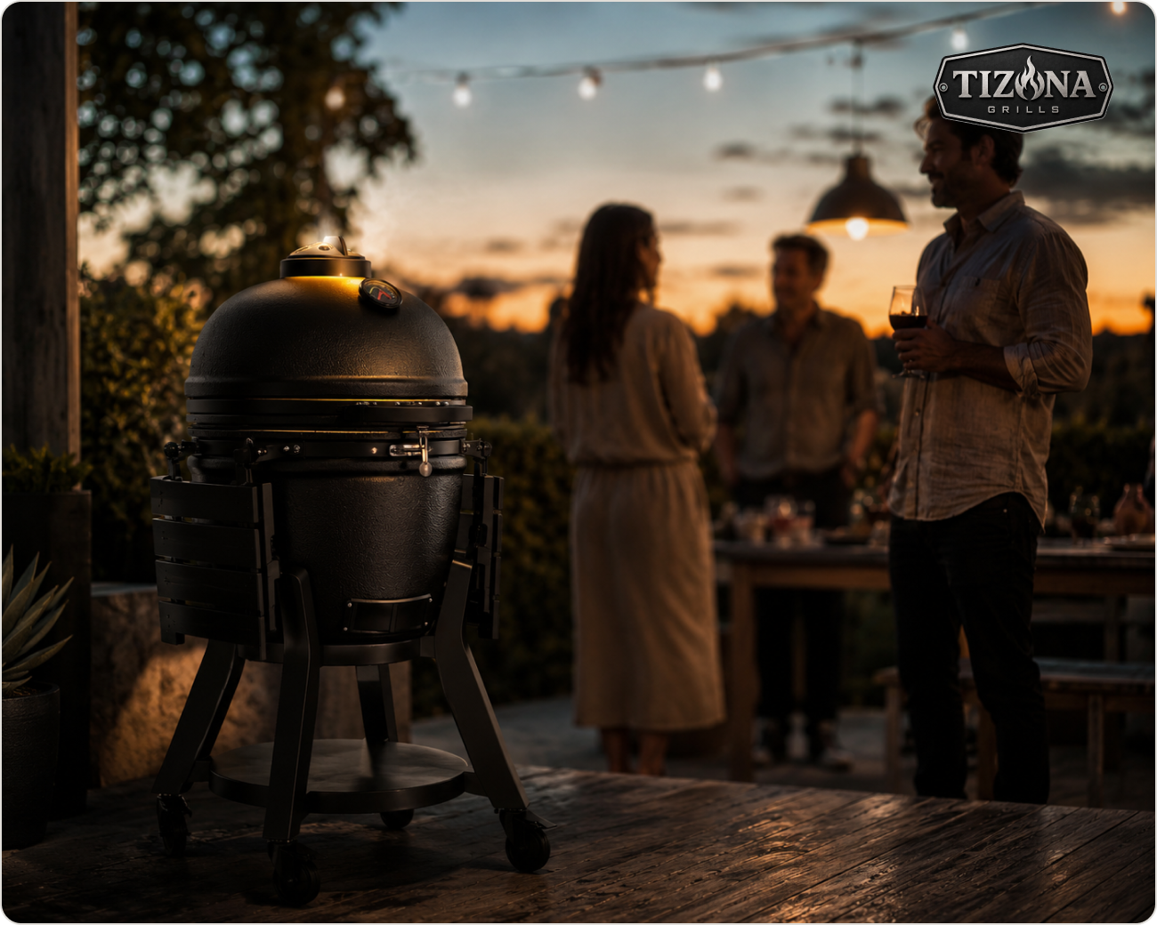 A Tizona kamado grill glowing at dusk on a wooden patio while friends gather around a table strung with lights