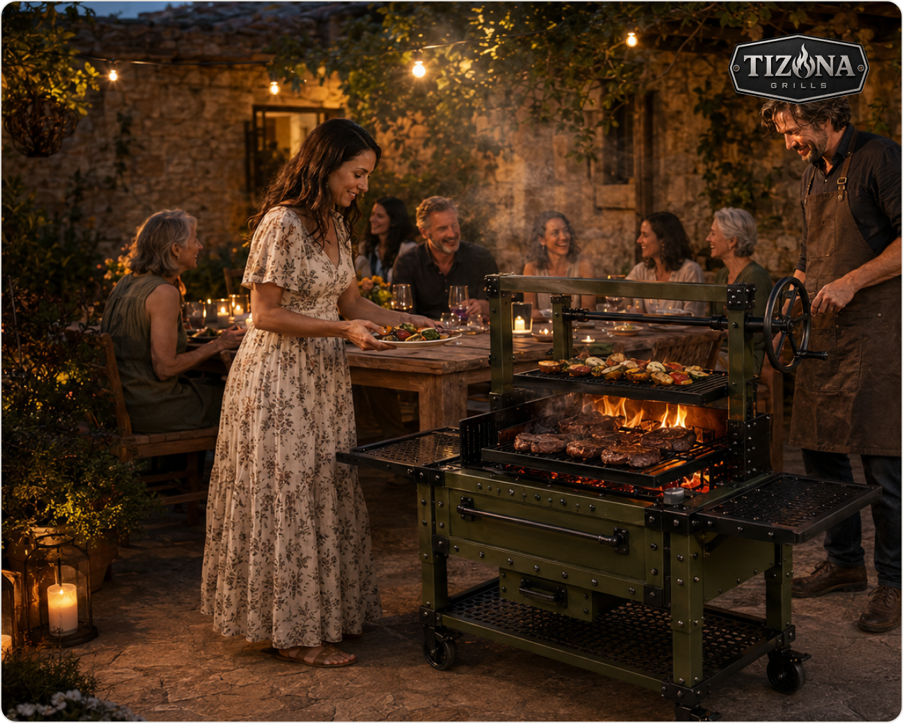 A Tizona kamado grill glowing at dusk on a wooden patio while friends gather around a table strung with lights