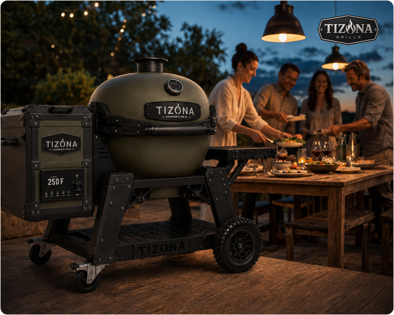 A Tizona kamado grill glowing at dusk on a wooden patio while friends gather around a table strung with lights